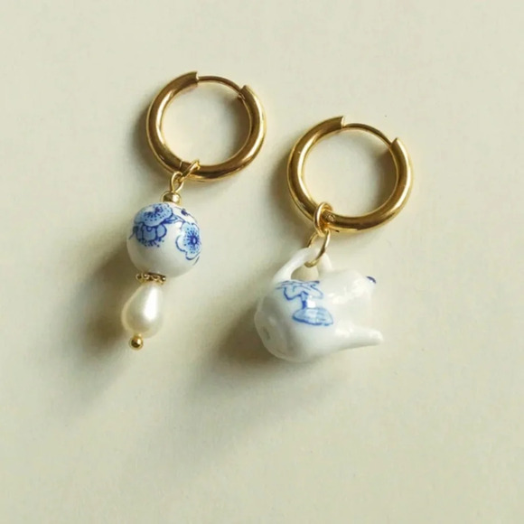 Ceramic Teapot Mismatched Hoop Earrings - Picture 7 of 13